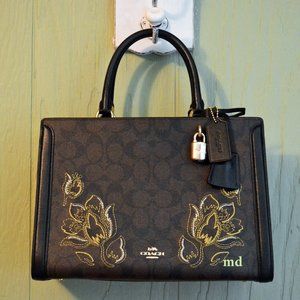 Coach Zoe Carryall Signature Brown Embroidered Tulip Lock Flower Satchel Bag